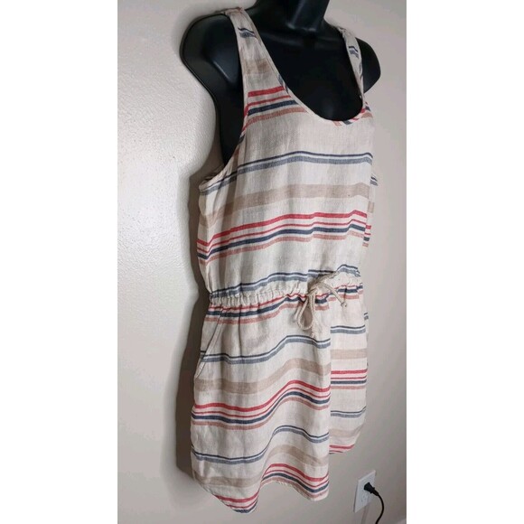 Hinge Women Dress Beige Striped 100% Linen Sleeveless Mini Waist Drawstring Sz 1 - Picture 6 of 11